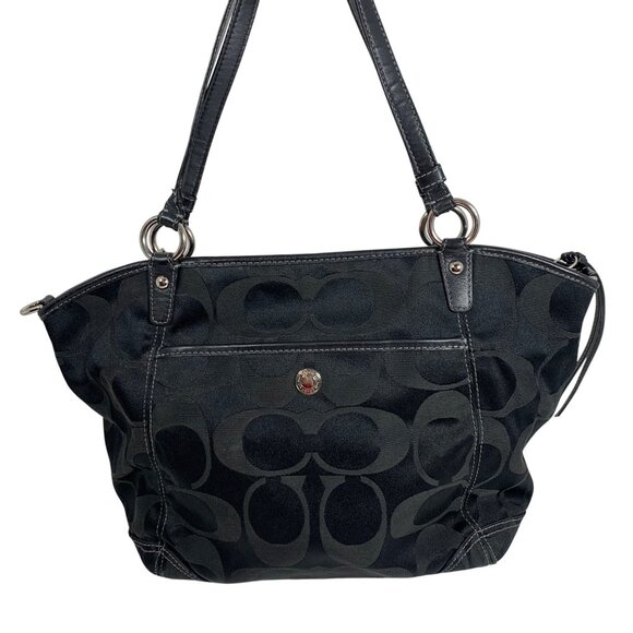 Coach Leah Black Signature Logo Jacquard Tote Shoulder Bag F13139 w/ Hang Tag - Picture 3 of 10